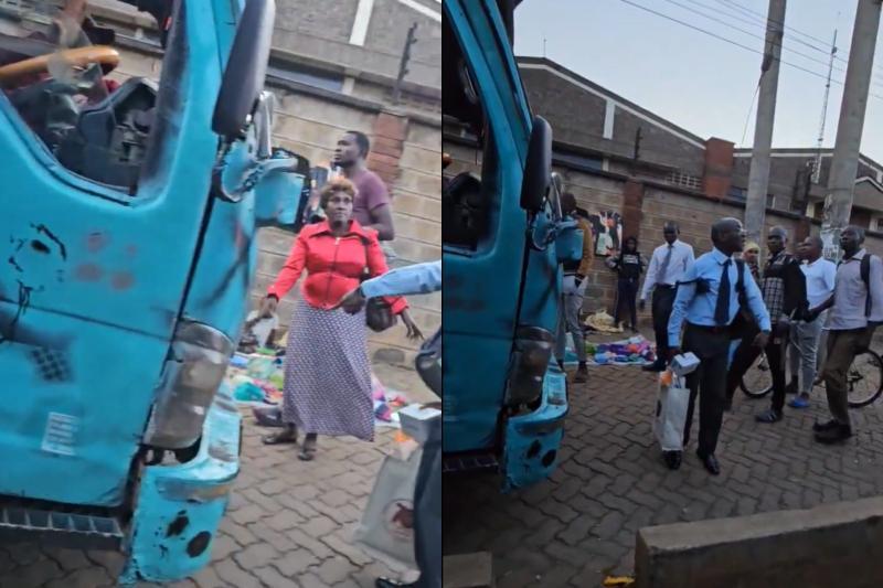 Collage photo of a matatu on a pedestrian walkway in Allsops along Thika Road.
